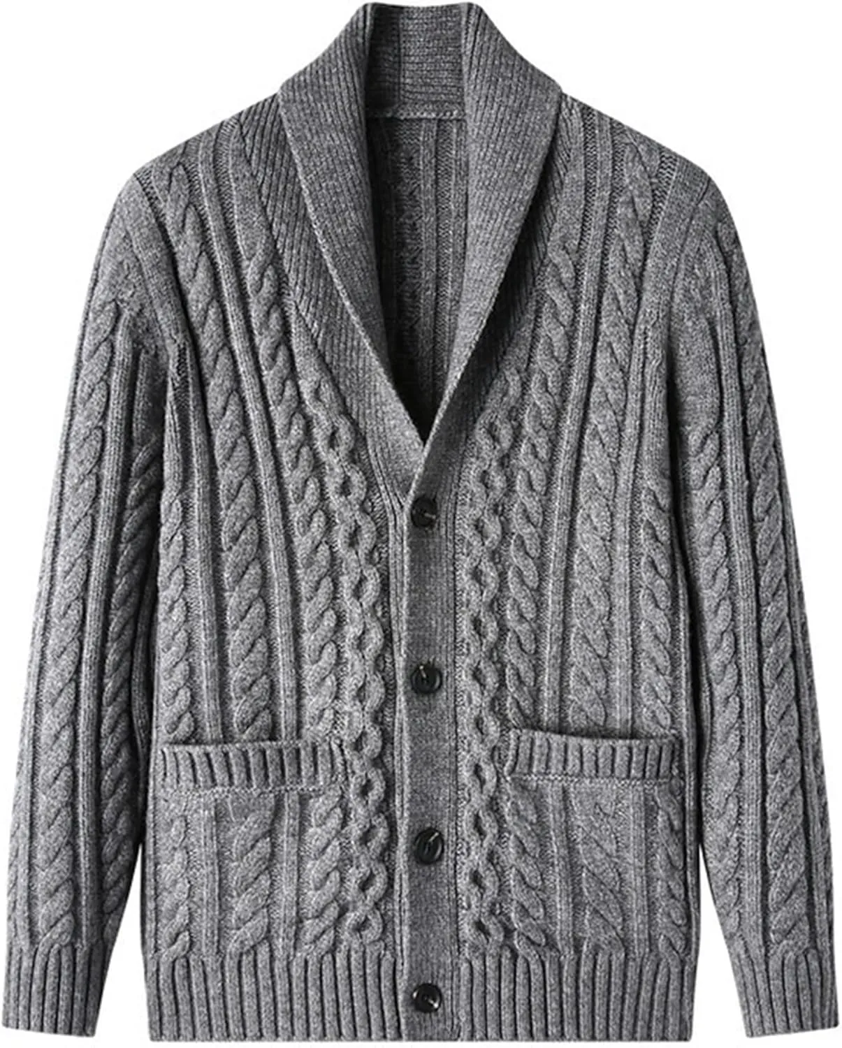 Mens Sweater Shawl Collar Cable Knit Cardigan Fashion Slim Fit Knit Clothes Coat Button Down Open Front Sweaters