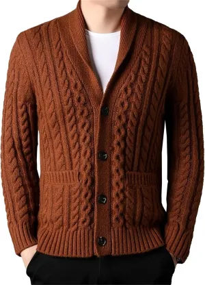 Mens Sweater Shawl Collar Cable Knit Cardigan Fashion Slim Fit Knit Clothes Coat Button Down Open Front Sweaters