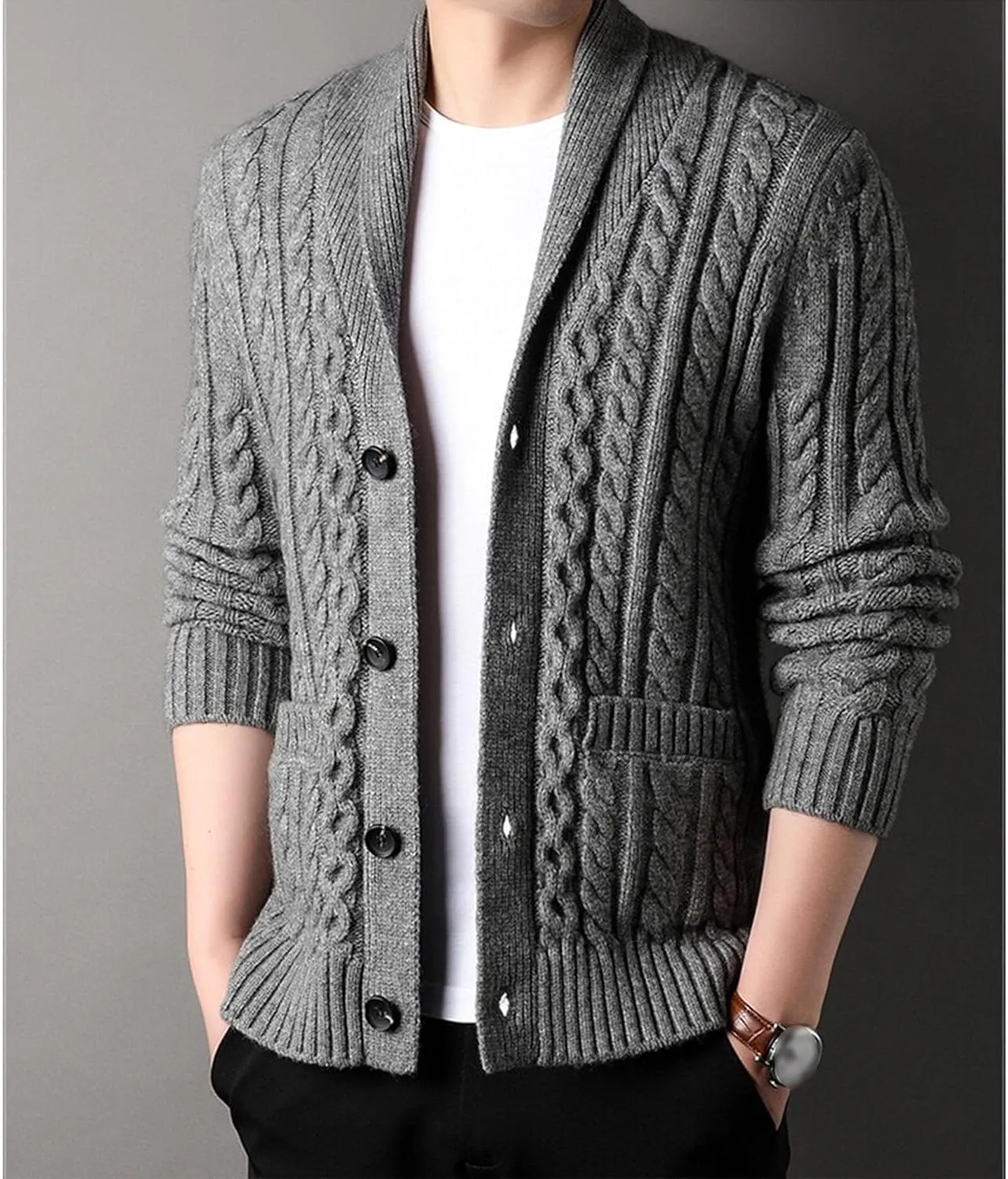 Mens Sweater Shawl Collar Cable Knit Cardigan Fashion Slim Fit Knit Clothes Coat Button Down Open Front Sweaters