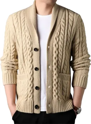 Mens Sweater Shawl Collar Cable Knit Cardigan Fashion Slim Fit Knit Clothes Coat Button Down Open Front Sweaters