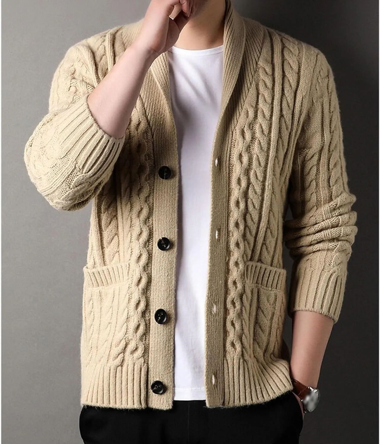 Mens Sweater Shawl Collar Cable Knit Cardigan Fashion Slim Fit Knit Clothes Coat Button Down Open Front Sweaters