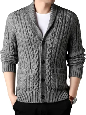 Mens Sweater Shawl Collar Cable Knit Cardigan Fashion Slim Fit Knit Clothes Coat Button Down Open Front Sweaters