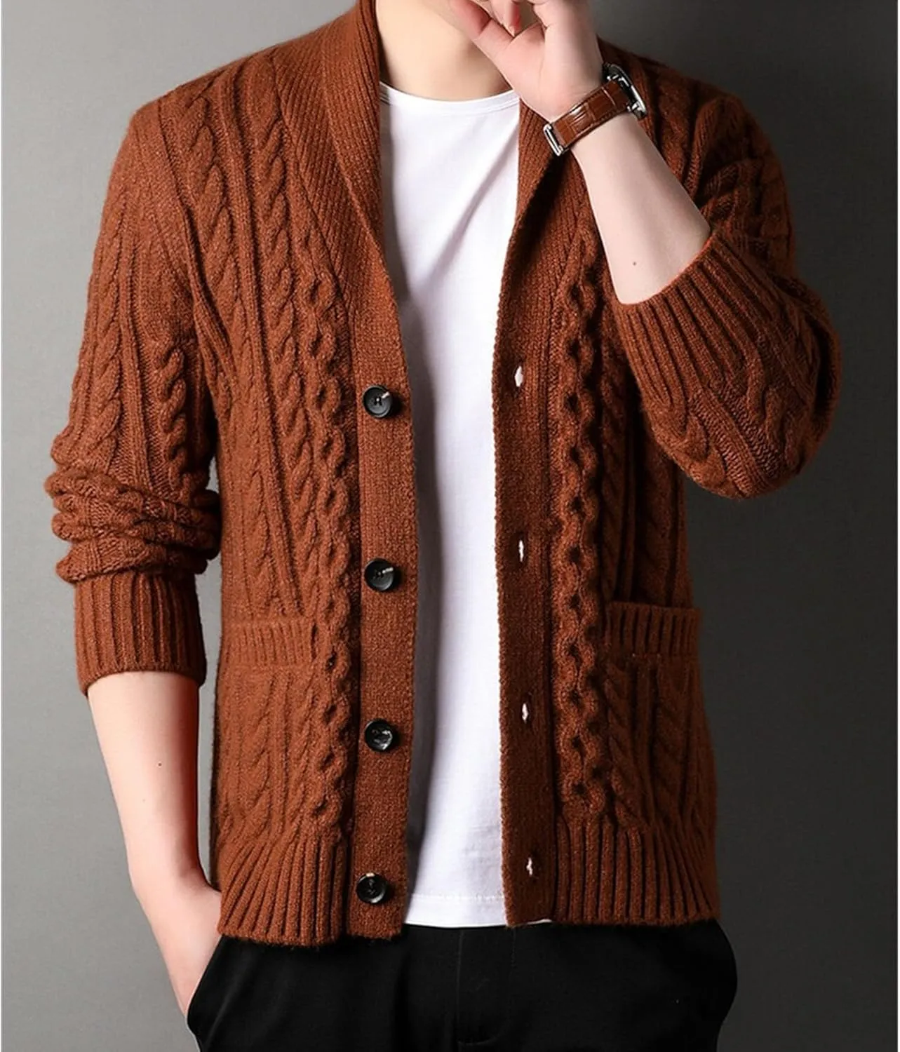 Mens Sweater Shawl Collar Cable Knit Cardigan Fashion Slim Fit Knit Clothes Coat Button Down Open Front Sweaters