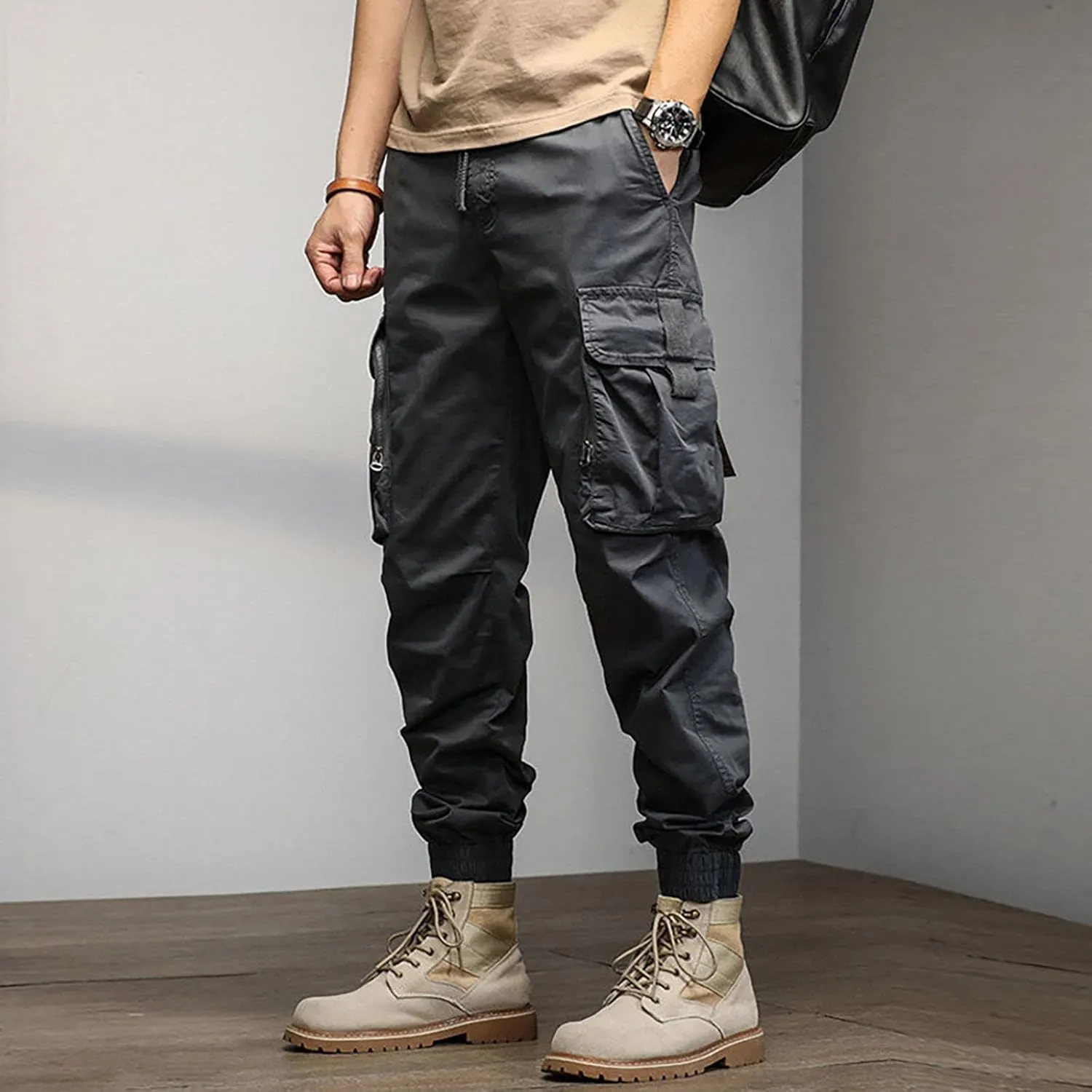 Mens Sweatpants Open Bottom Men's Lightweight Cargo Trouser Hiking Pants Casual Jogger Pants with Multi Pockets