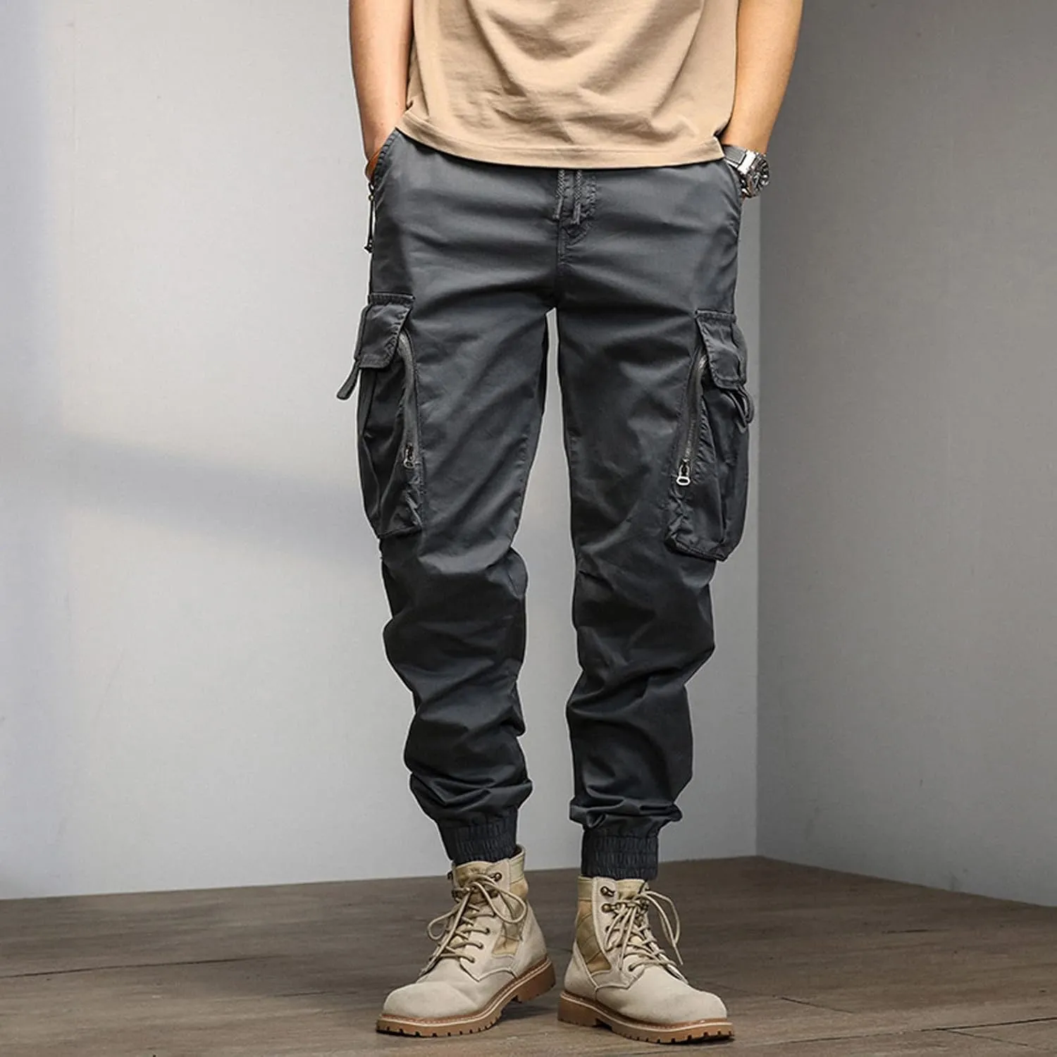 Mens Sweatpants Open Bottom Men's Lightweight Cargo Trouser Hiking Pants Casual Jogger Pants with Multi Pockets