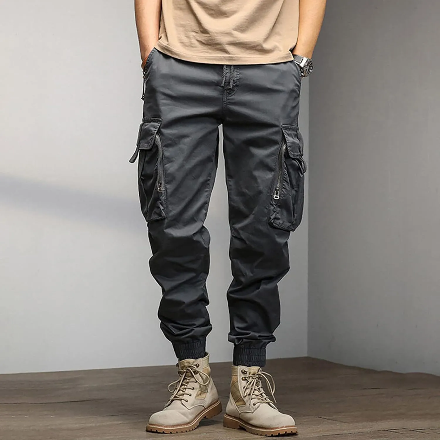 Mens Sweatpants Open Bottom Men's Lightweight Cargo Trouser Hiking Pants Casual Jogger Pants with Multi Pockets