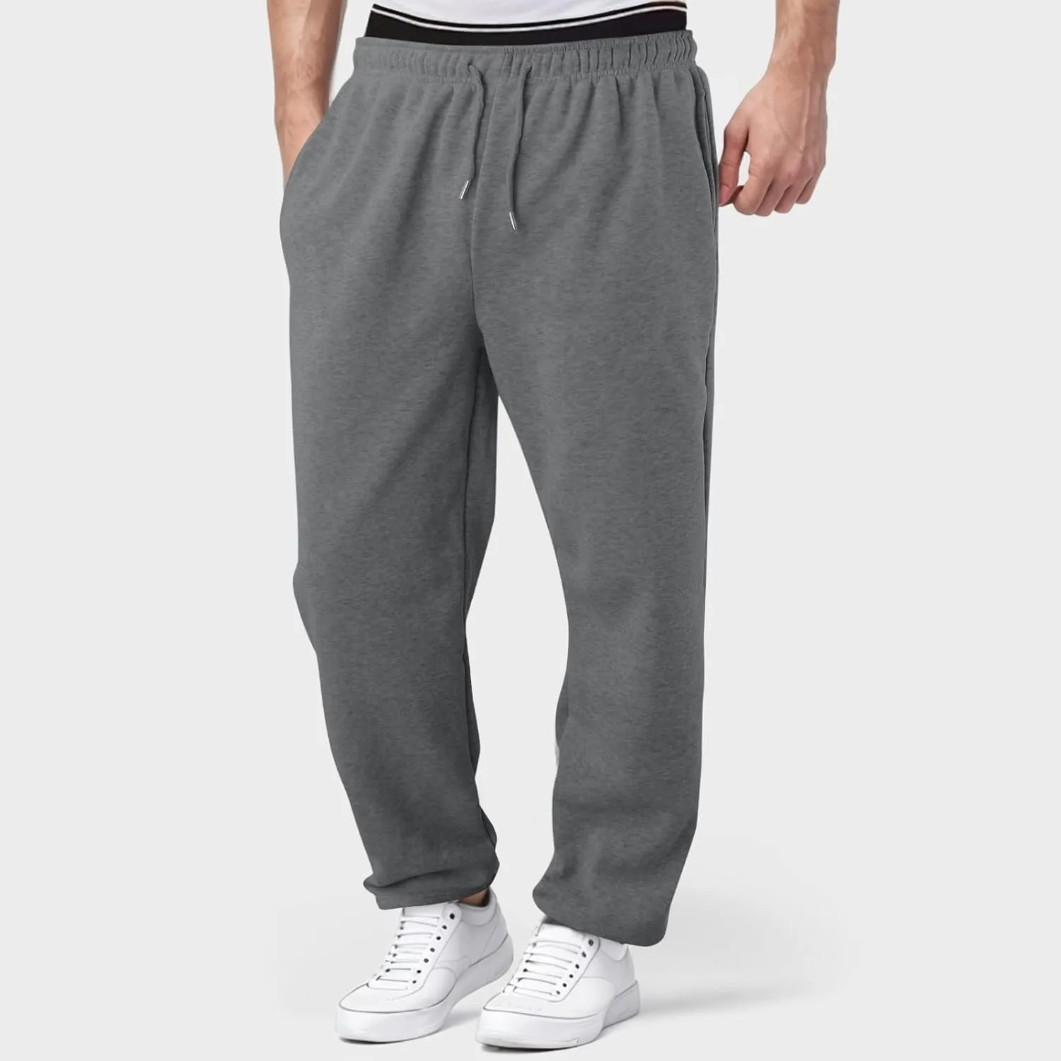 Mens Sweatpants with Pockets Lightweight Lace Up Workout Pants Fleece Lined Joggers Pants Casual Cotton Yoga Pants