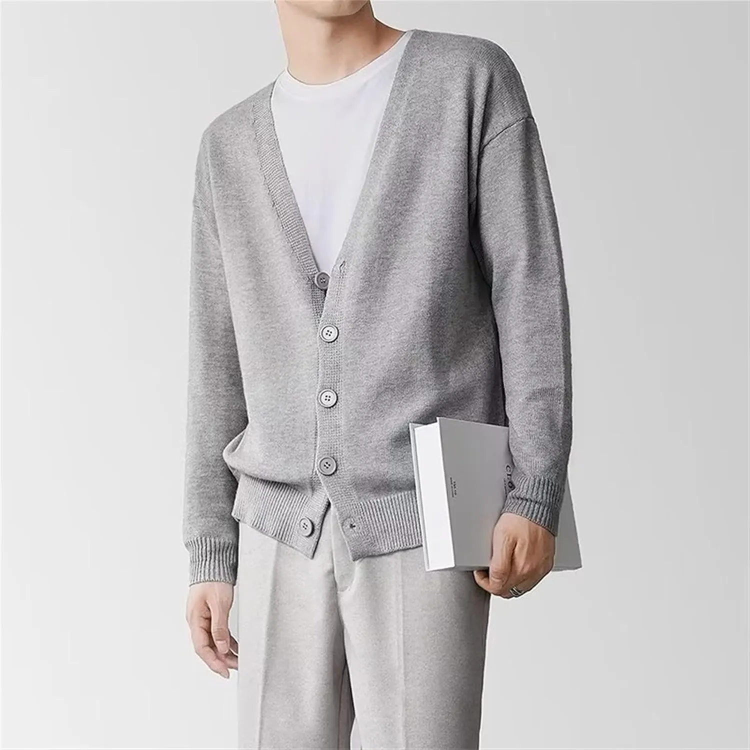 Men's V Neck Casual Lightweight Sweater Cardigan Solid Business Sweater Button Down Open Front Sweaters