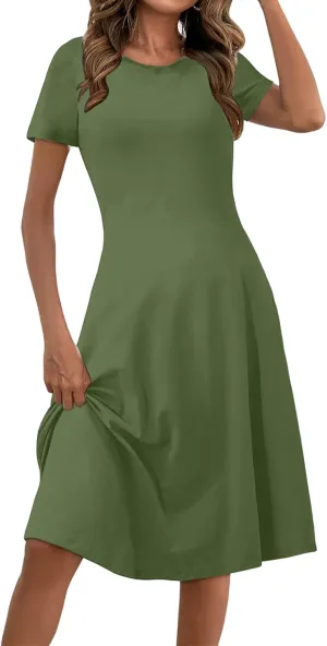 Midi Dresses for Women Casual Sundresses Short Sleeve Crewneck Summer Dress Empire Waist A-Line Dresses 2025