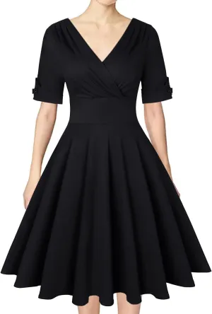 MINTLIMIT Women's 1950s Vintage Wrap V Neck Half Sleeve Retro Cocktail Swing Dress Plain A-line Dresses