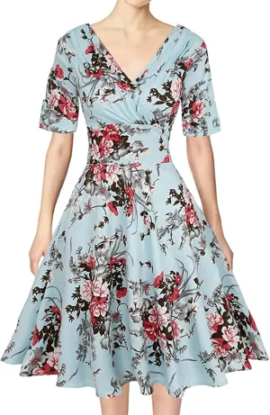 MINTLIMIT Women's 1950s Vintage Wrap V Neck Half Sleeve Retro Cocktail Swing Dress Plain A-line Dresses