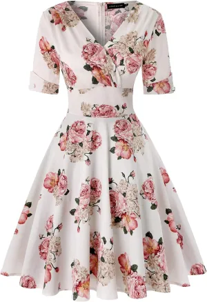 MINTLIMIT Women's 1950s Vintage Wrap V Neck Half Sleeve Retro Cocktail Swing Dress Plain A-line Dresses