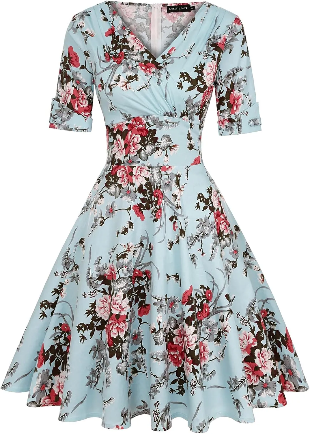 MINTLIMIT Women's 1950s Vintage Wrap V Neck Half Sleeve Retro Cocktail Swing Dress Plain A-line Dresses