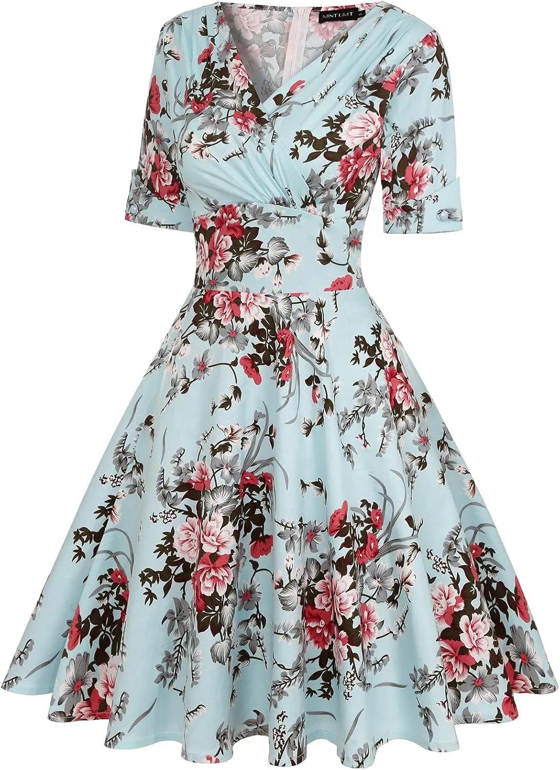 MINTLIMIT Women's 1950s Vintage Wrap V Neck Half Sleeve Retro Cocktail Swing Dress Plain A-line Dresses