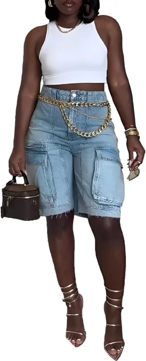 Molisry Women's Summer Cargo Jean Shorts High Waisted Y2K Casual Baggy Bermuda Denim Shorts Streetwear