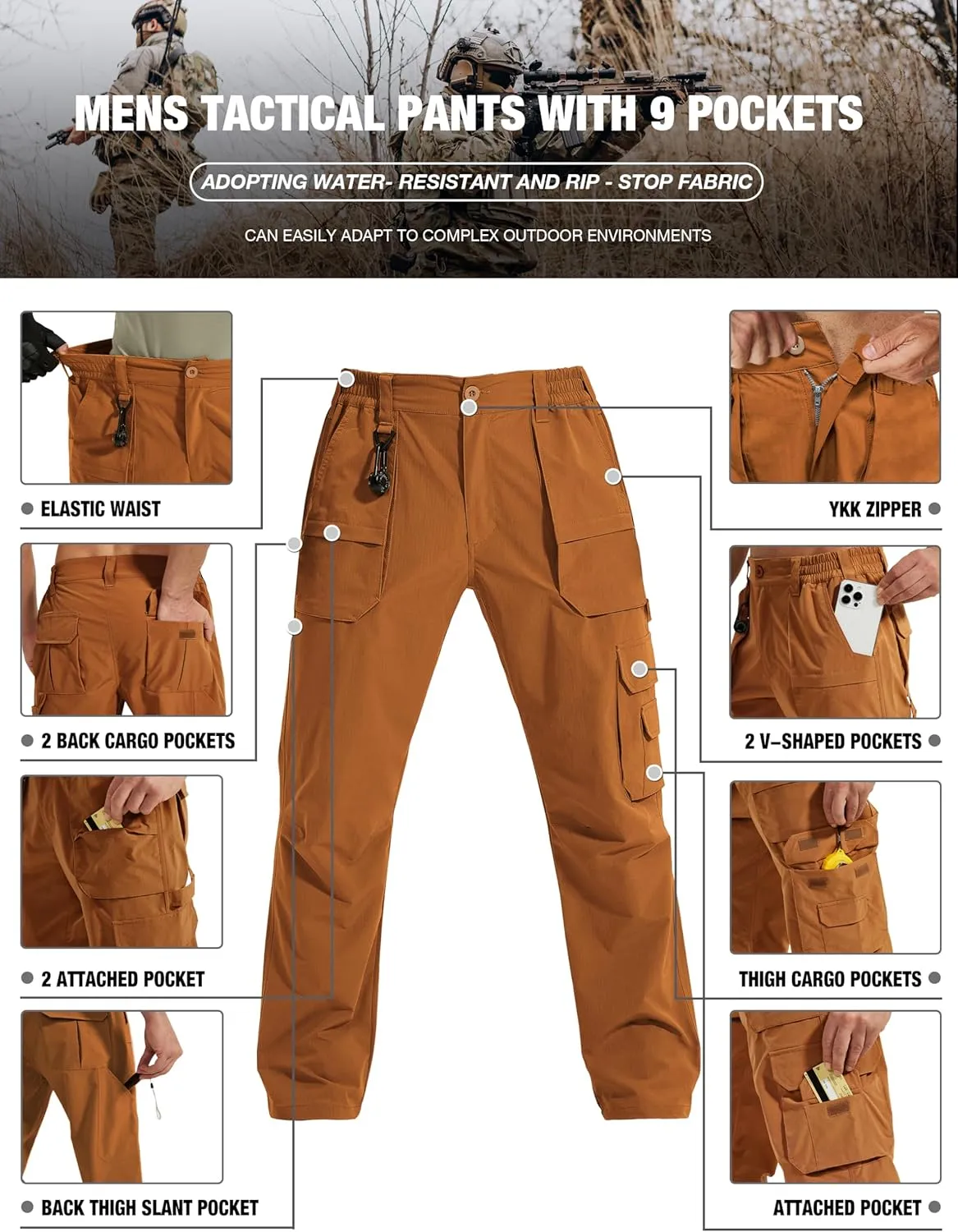 MOURCE Tactical Pants for Men Ripstop - Water Resistant Mens Work Pants Lightweight Quick Dry with 9 Pockets