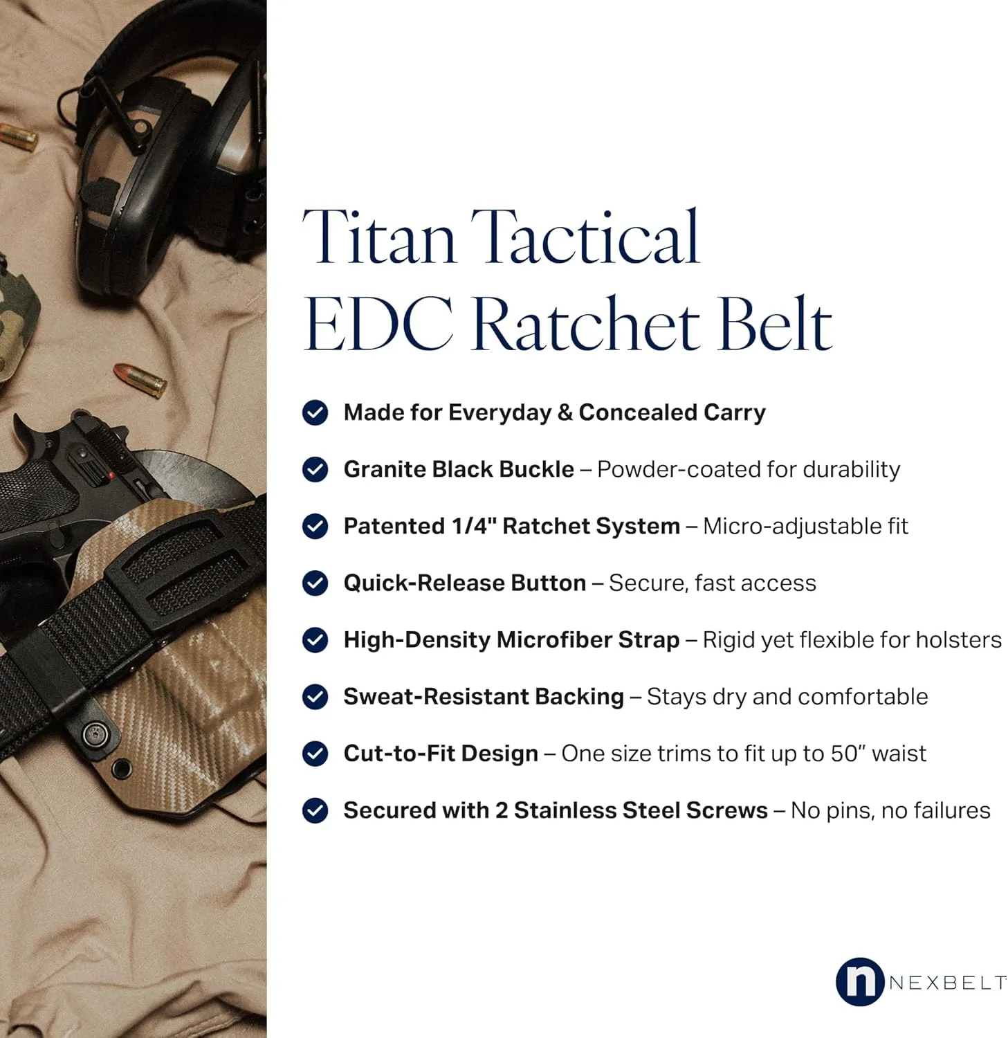 Nexbelt Titan Ratchet EDC Gun Belt – 1.5" Micro-Adjustable Nylon Strap, Quick-Release Buckle, Fits Up to 50" Waist, IWB/OWB
