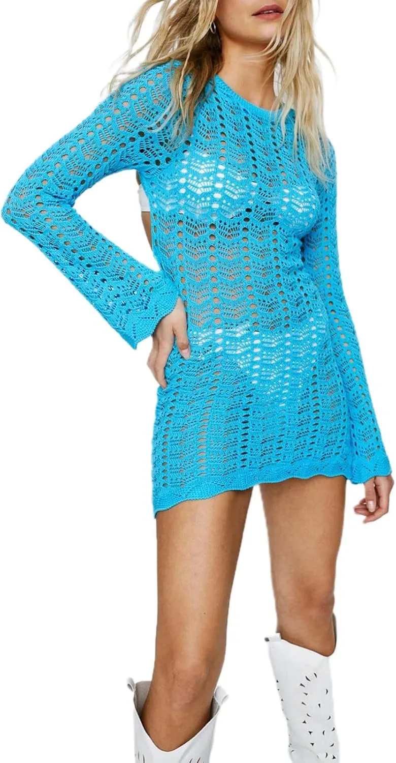 NUFIWI Backless Long Sleeve Hollow Out Mini Bodycon Dress Slim Fit Knitted Short Dress See Trough Striped Sexy Party Dress