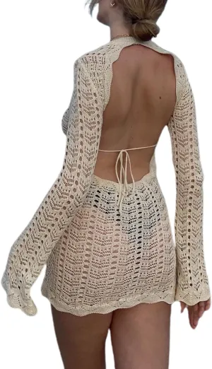 NUFIWI Backless Long Sleeve Hollow Out Mini Bodycon Dress Slim Fit Knitted Short Dress See Trough Striped Sexy Party Dress