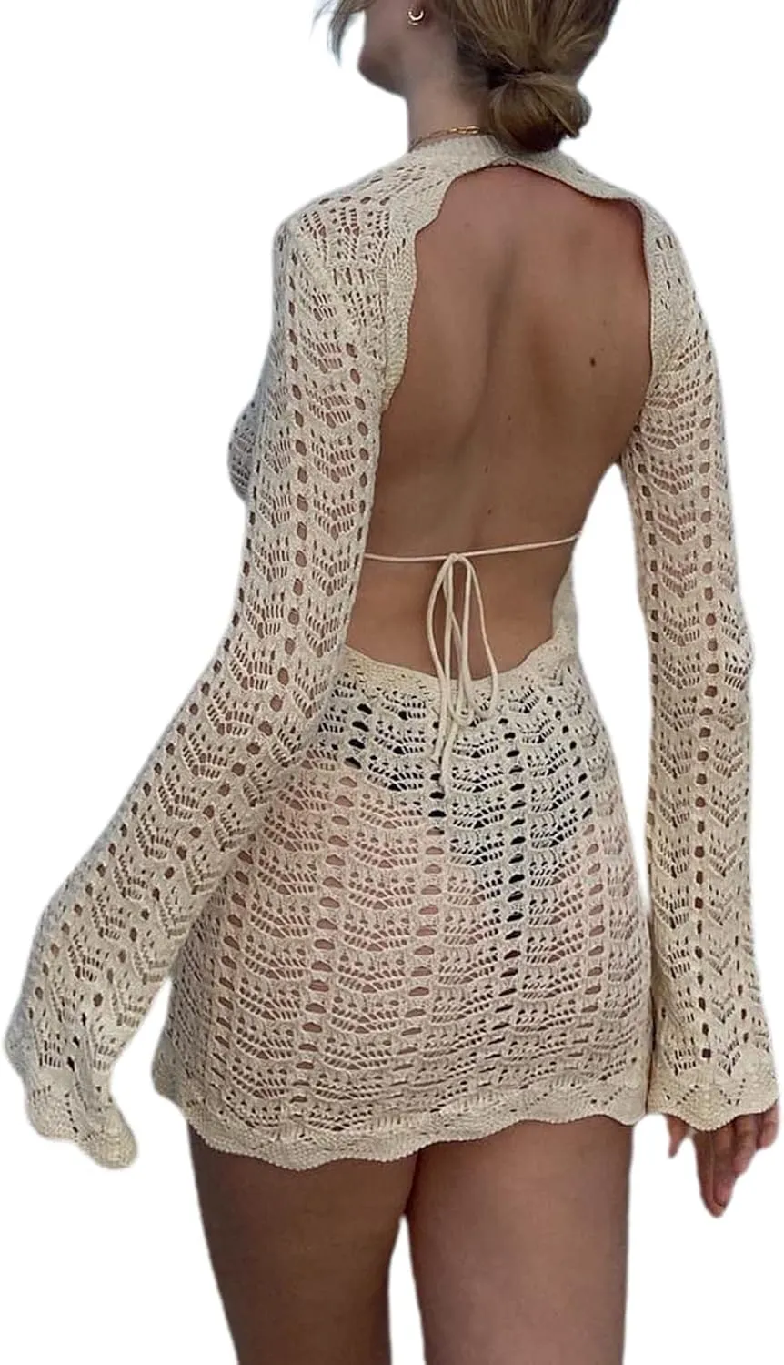NUFIWI Backless Long Sleeve Hollow Out Mini Bodycon Dress Slim Fit Knitted Short Dress See Trough Striped Sexy Party Dress