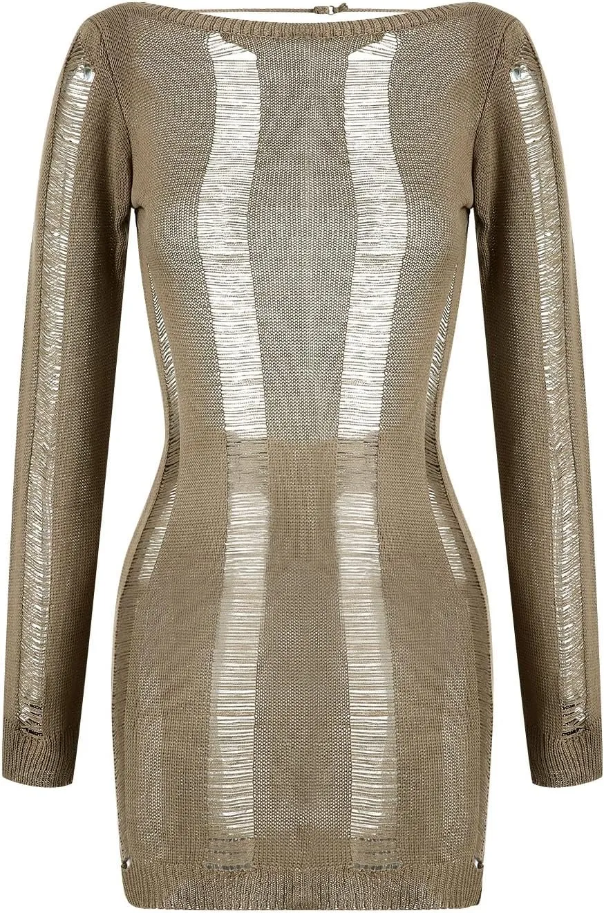 NUFIWI Backless Long Sleeve Hollow Out Mini Bodycon Dress Slim Fit Knitted Short Dress See Trough Striped Sexy Party Dress