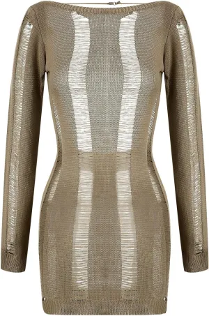 NUFIWI Backless Long Sleeve Hollow Out Mini Bodycon Dress Slim Fit Knitted Short Dress See Trough Striped Sexy Party Dress