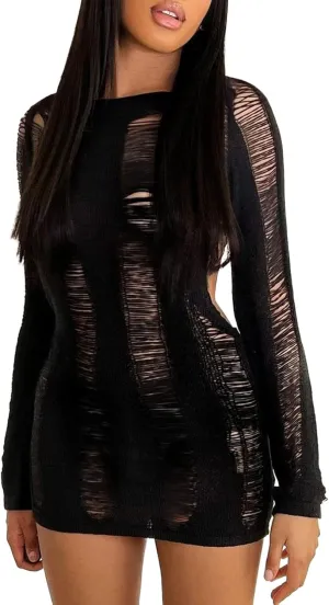 NUFIWI Backless Long Sleeve Hollow Out Mini Bodycon Dress Slim Fit Knitted Short Dress See Trough Striped Sexy Party Dress