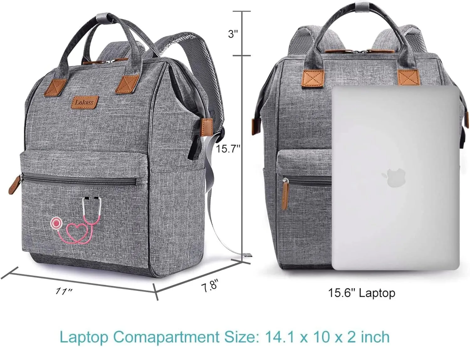 Nurse Backpack/15.6 Inch Laptop Backpack/Nursing Bag for Nurse Work/Home Health Medical Clinical Bag, Large Grey Modern Waterproof Clinical Backpack with USB Charging Port (Style 2)