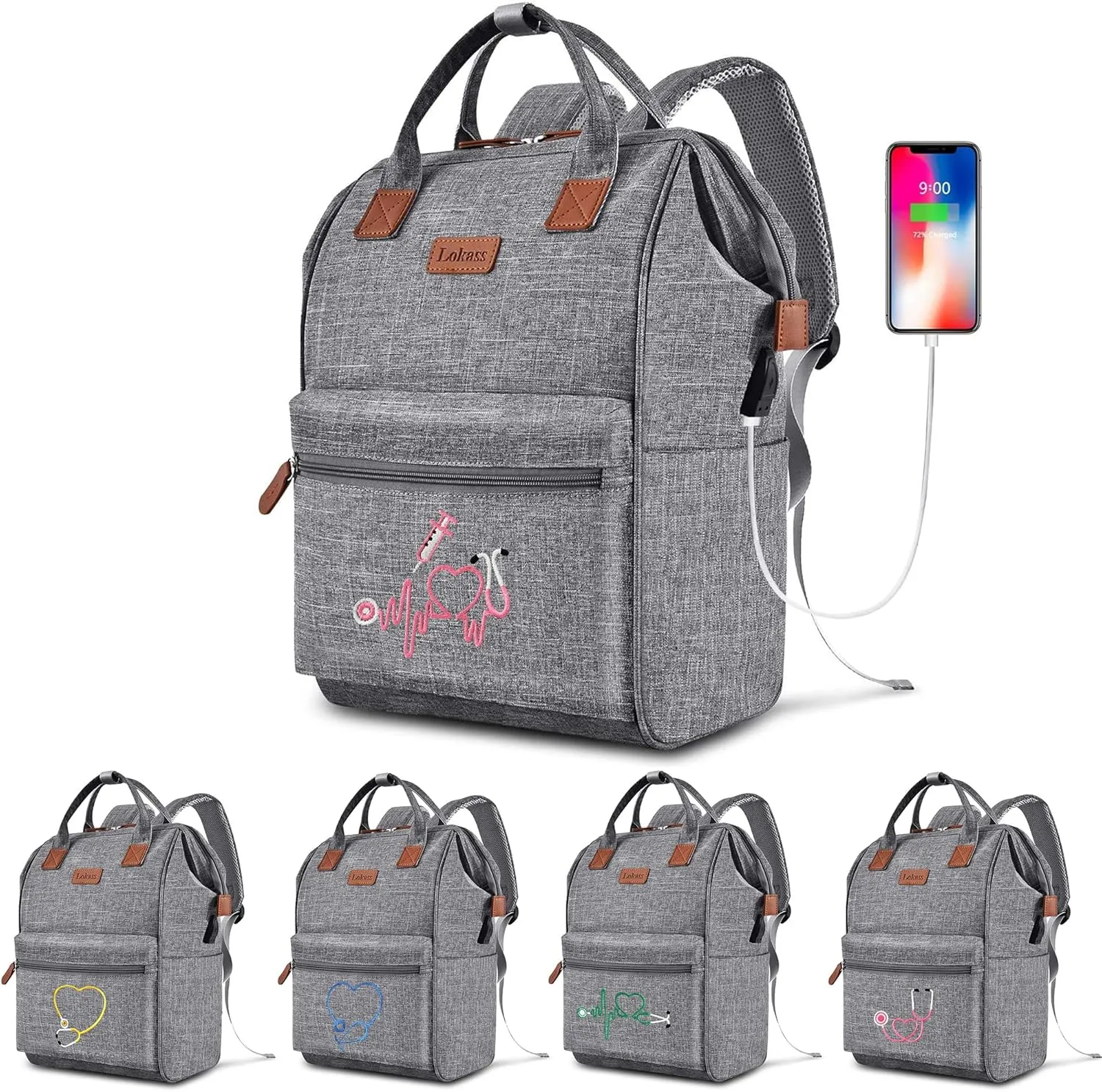Nurse Backpack/15.6 Inch Laptop Backpack/Nursing Bag for Nurse Work/Home Health Medical Clinical Bag, Large Grey Modern Waterproof Clinical Backpack with USB Charging Port (Style 2)