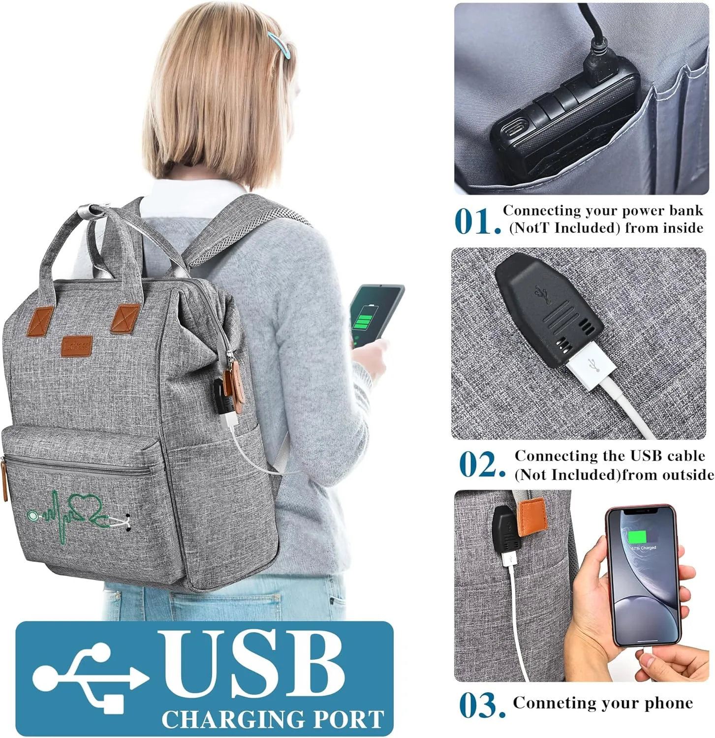 Nurse Backpack/15.6 Inch Laptop Backpack/Nursing Bag for Nurse Work/Home Health Medical Clinical Bag, Large Grey Modern Waterproof Clinical Backpack with USB Charging Port (Style 2)