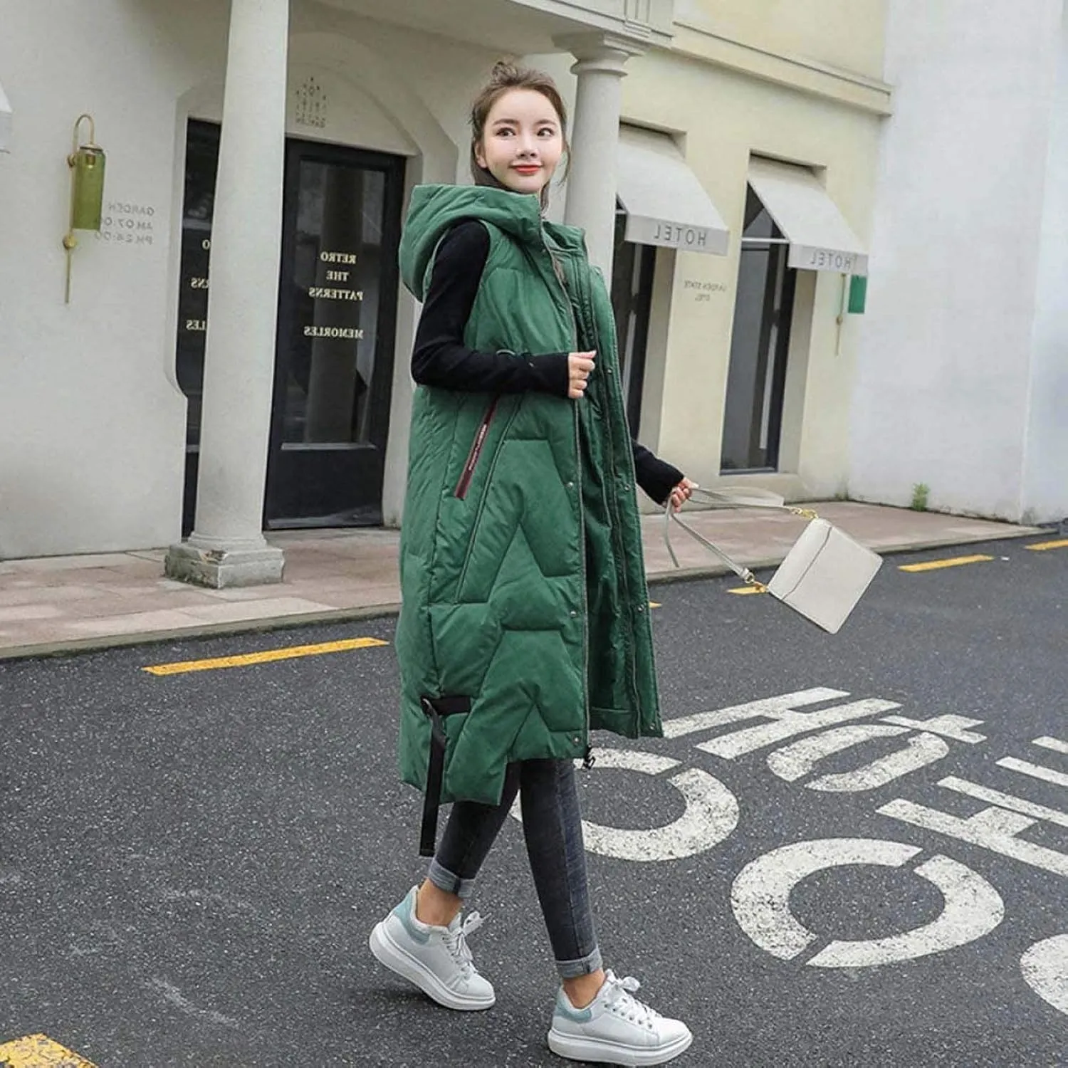Oversized Long Puffer Jacket Vest for Women Fashion Knee Length Street Style Down Coat Casual Versatile Winter Coats