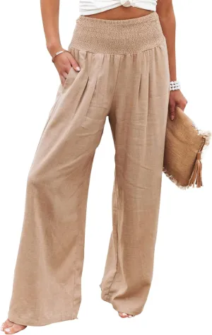 PEHMEA Womens Cotton Linen Smocked High Waist Trousers Straight Leg Palazzo Casual Beach Pants
