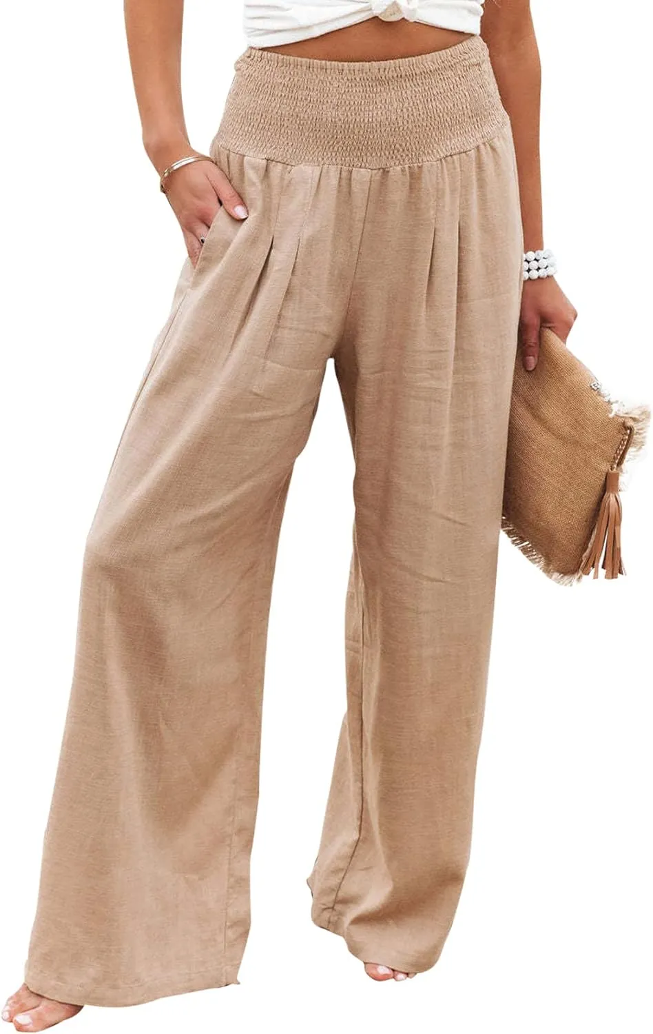PEHMEA Womens Cotton Linen Smocked High Waist Trousers Straight Leg Palazzo Casual Beach Pants