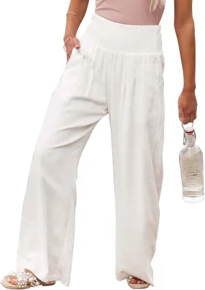 PEHMEA Womens Cotton Linen Smocked High Waist Trousers Straight Leg Palazzo Casual Beach Pants