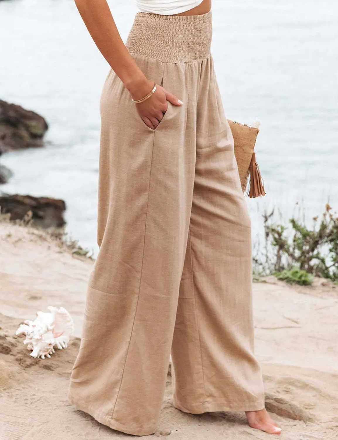 PEHMEA Womens Cotton Linen Smocked High Waist Trousers Straight Leg Palazzo Casual Beach Pants