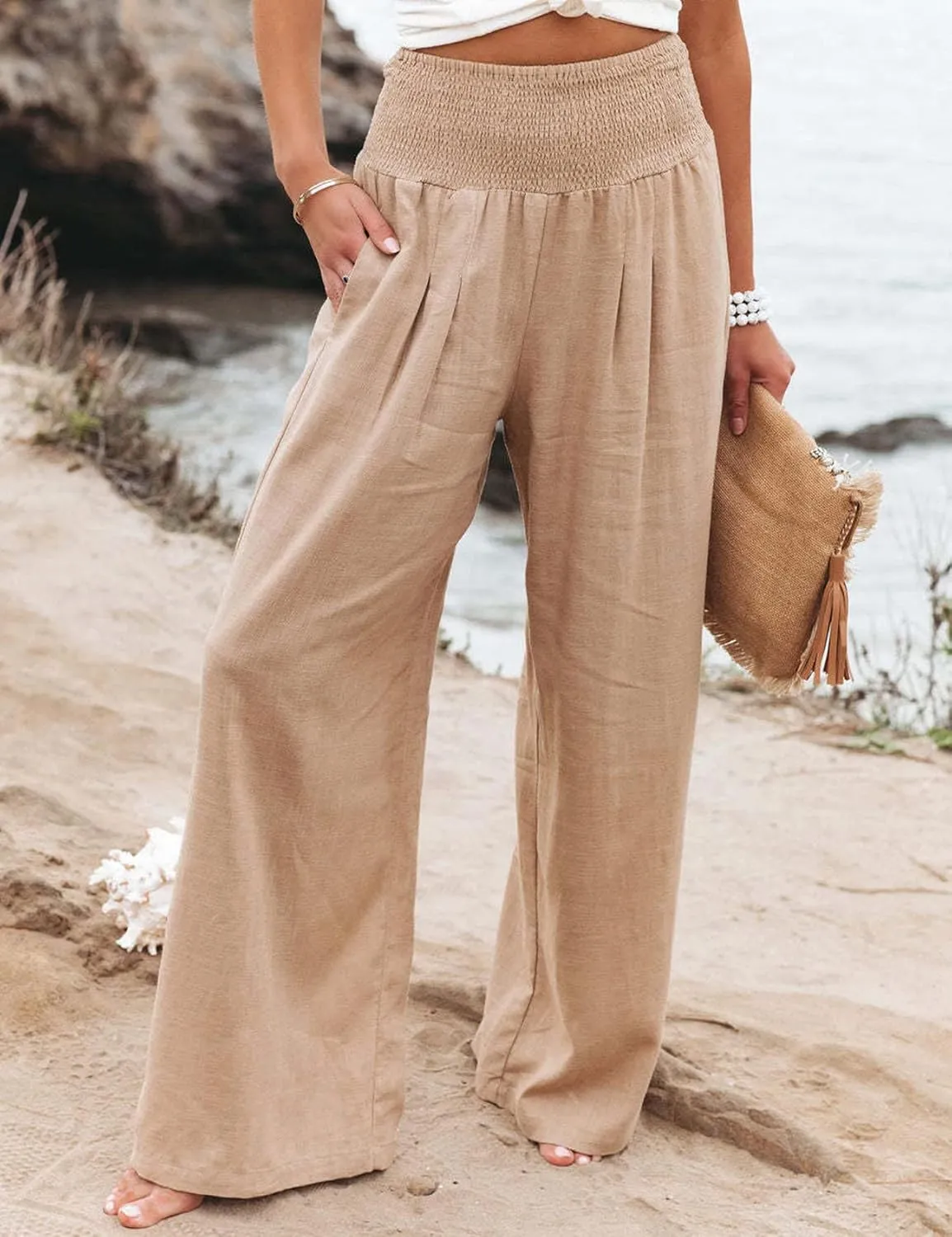PEHMEA Womens Cotton Linen Smocked High Waist Trousers Straight Leg Palazzo Casual Beach Pants