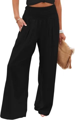 PEHMEA Womens Cotton Linen Smocked High Waist Trousers Straight Leg Palazzo Casual Beach Pants