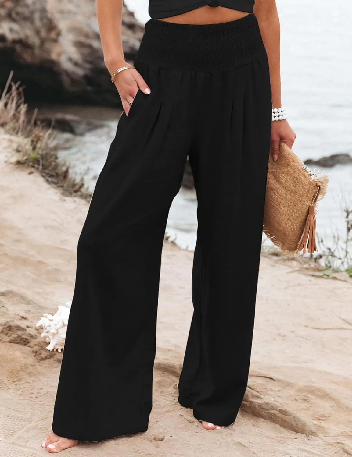 PEHMEA Womens Cotton Linen Smocked High Waist Trousers Straight Leg Palazzo Casual Beach Pants