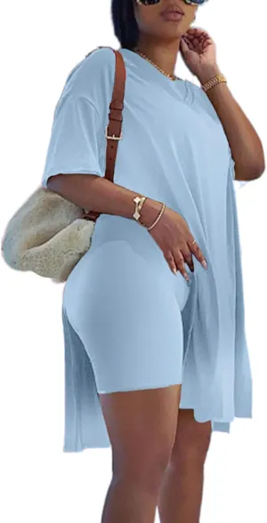 qfmqkpi Women’s Casual 2 Piece Outfits V Neck Side Split Tops and Shorts Set Tracksuit