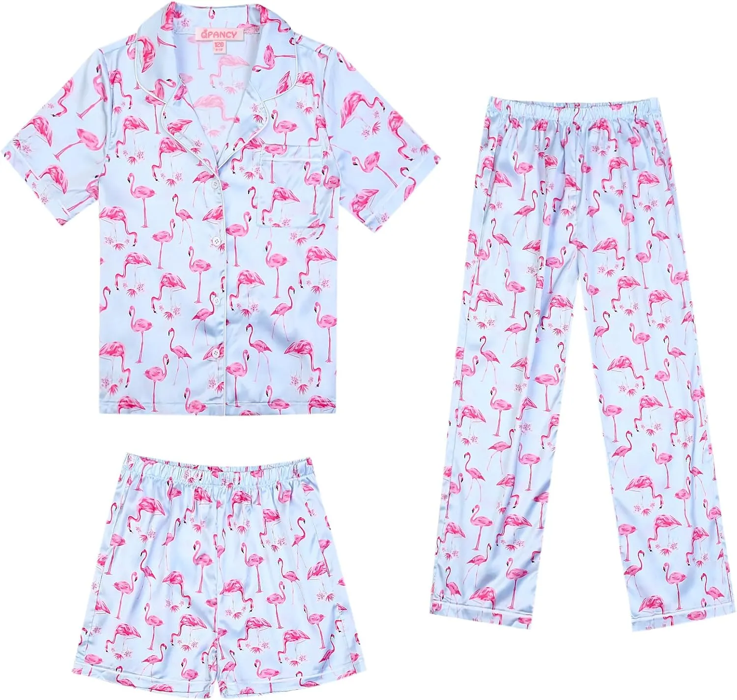 QPANCY Kids Satin Pajamas Sets Boys and Girls Silk Button Down 3 Pieces Pjs Silky Loungewear Clothes Set