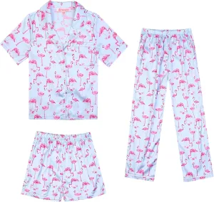 QPANCY Kids Satin Pajamas Sets Boys and Girls Silk Button Down 3 Pieces Pjs Silky Loungewear Clothes Set
