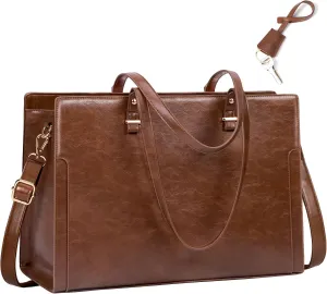 RAINSMORE Laptop Bag for Women 15.6 Inch Vintage Leather Professional Work Tote Bag Waterproof Computer Bag Shoulder Bag for Business Office, Retro Brown
