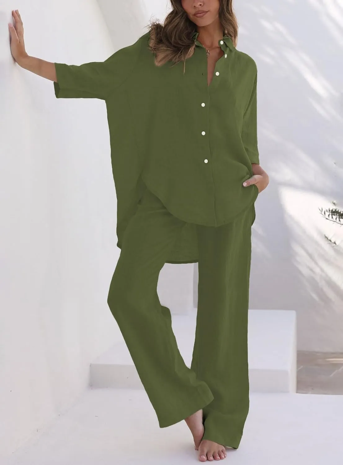 RAISECOM Women's 2 Piece Outfits Sets Button Down Half Sleeve Shirts and Long Pants Summer Casual Vacation Loungewear