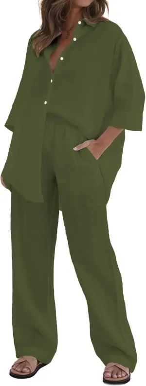 RAISECOM Women's 2 Piece Outfits Sets Button Down Half Sleeve Shirts and Long Pants Summer Casual Vacation Loungewear