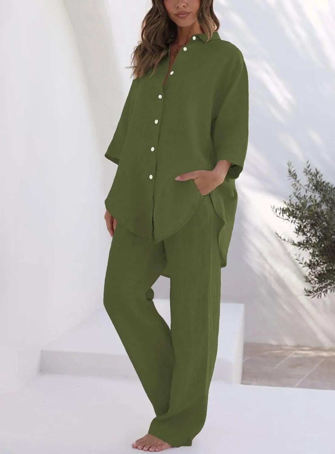 RAISECOM Women's 2 Piece Outfits Sets Button Down Half Sleeve Shirts and Long Pants Summer Casual Vacation Loungewear