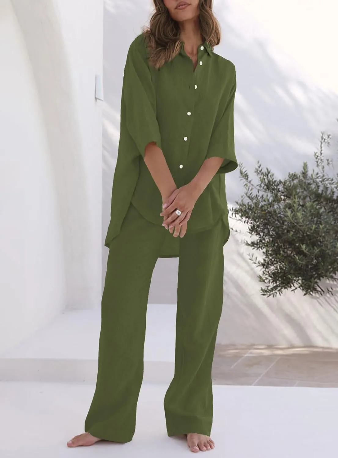 RAISECOM Women's 2 Piece Outfits Sets Button Down Half Sleeve Shirts and Long Pants Summer Casual Vacation Loungewear