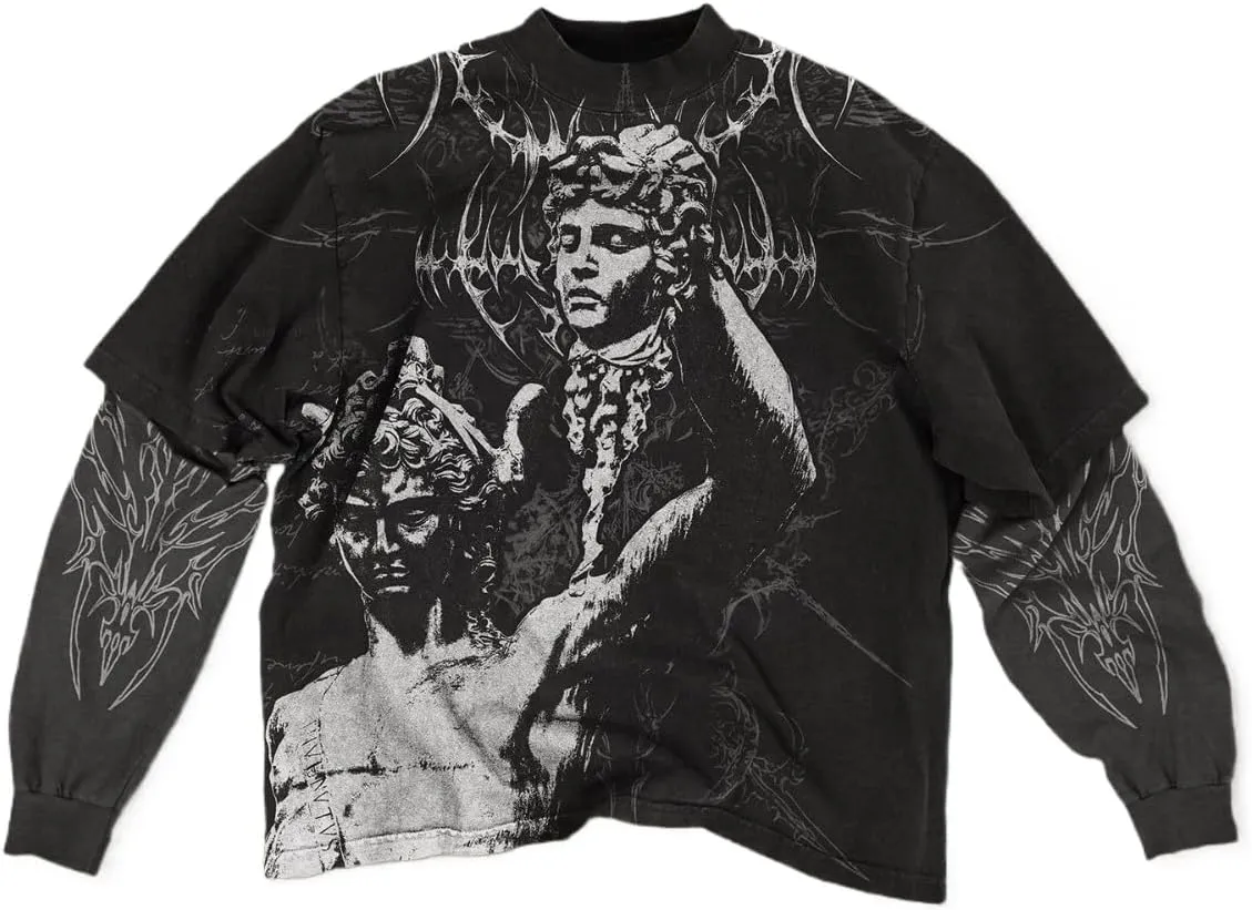Rapper Graphic Tee Y2k Men Fake Two Piece Streetwear Shirt Vintage Long Sleeve T Shirt Emo Grunge 2000s