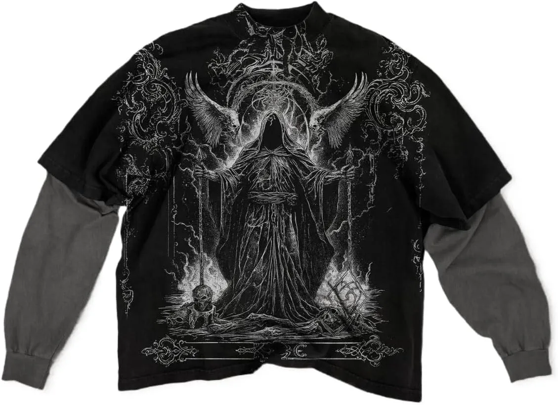 Rapper Graphic Tee Y2k Men Fake Two Piece Streetwear Shirt Vintage Long Sleeve T Shirt Emo Grunge 2000s