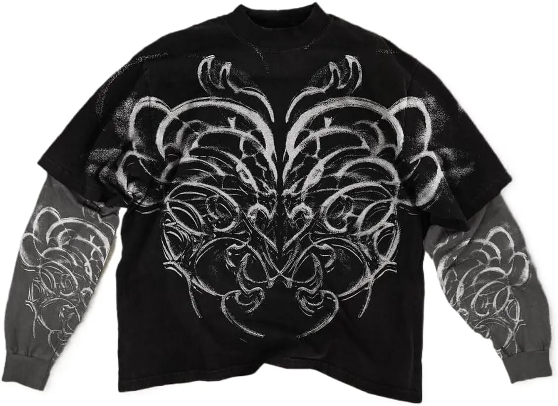 Rapper Graphic Tee Y2k Men Fake Two Piece Streetwear Shirt Vintage Long Sleeve T Shirt Emo Grunge 2000s