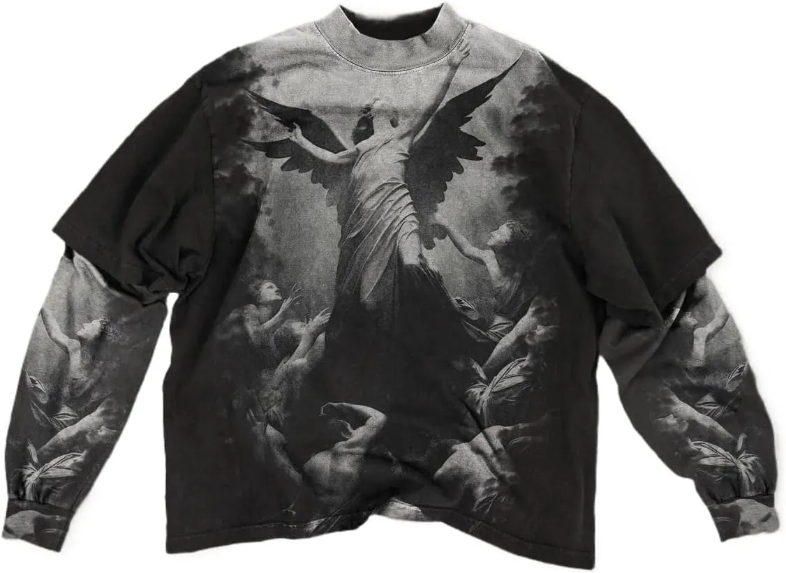 Rapper Graphic Tee Y2k Men Fake Two Piece Streetwear Shirt Vintage Long Sleeve T Shirt Emo Grunge 2000s